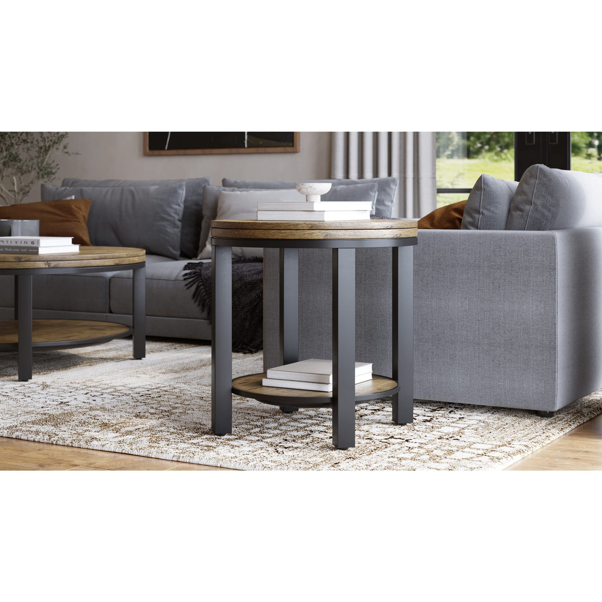 Canyon Solid Wood and Metal Round End Table in Washed Grey by Modus Furniture at Eve Furniture