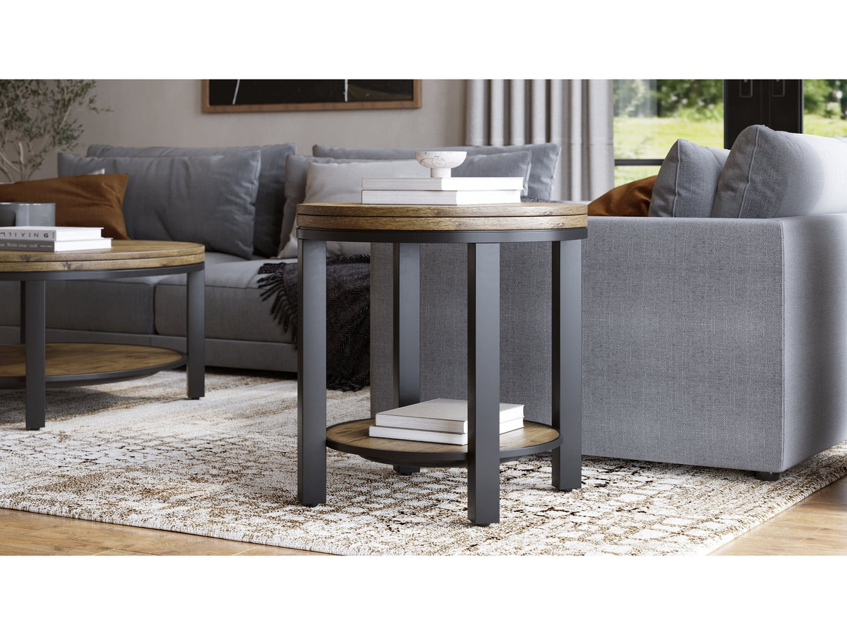 Canyon Solid Wood and Metal Round End Table in Washed Grey by Modus Furniture at Eve Furniture