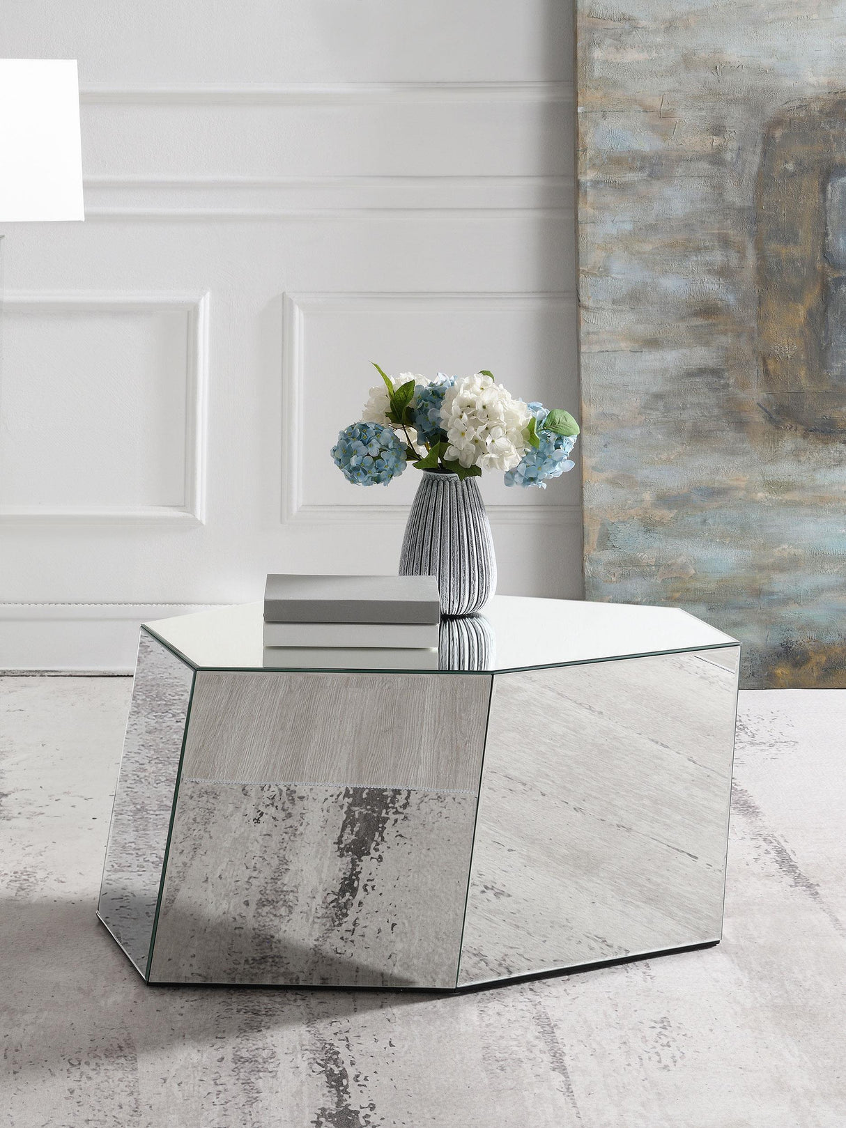 Capella Mirrored Abstract Geometric Coffee Table Silver by Coaster at Eve Furniture