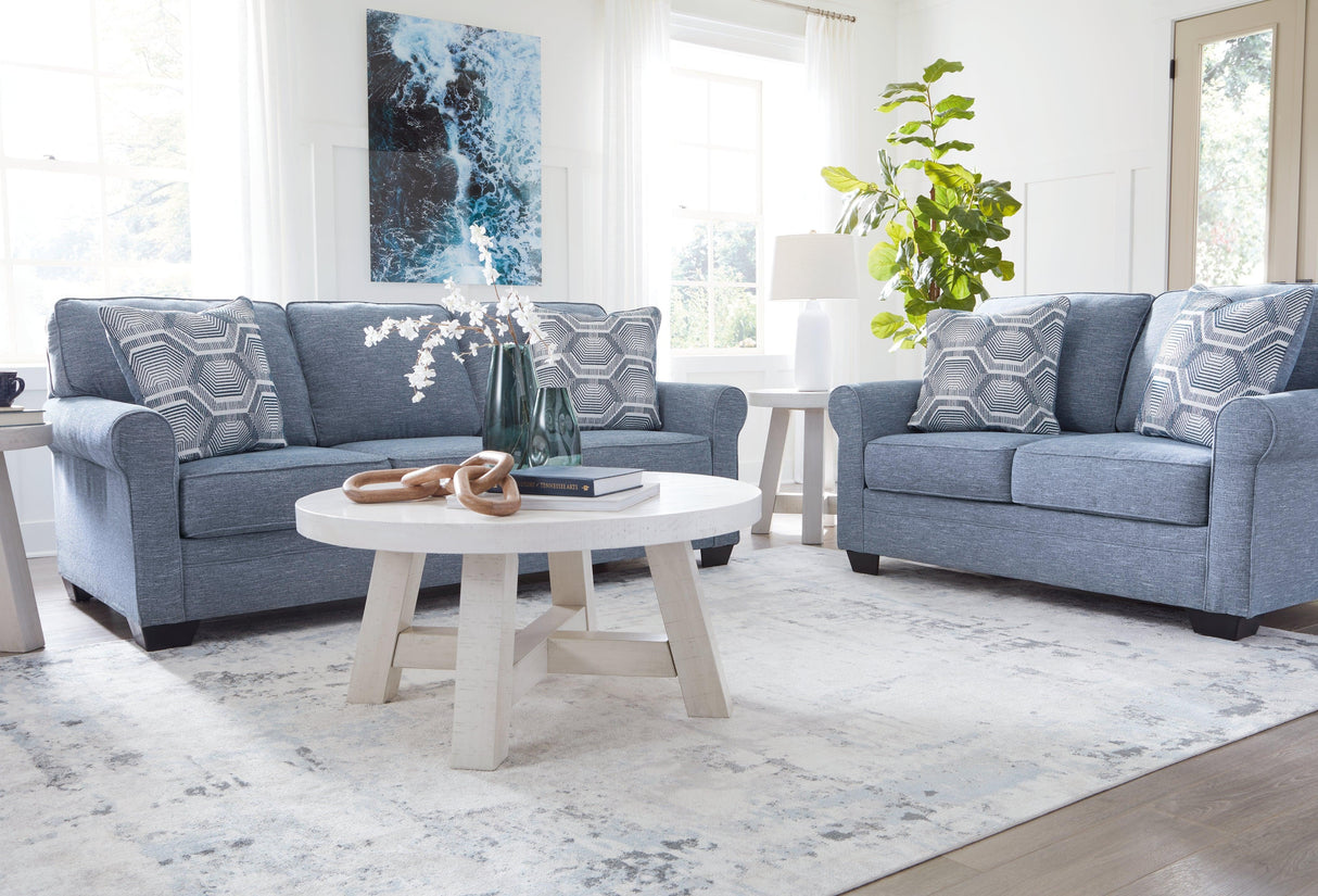 Carissa Manor Denim Performance Fabric Sofa and Loveseat by Ashley at Eve Furniture