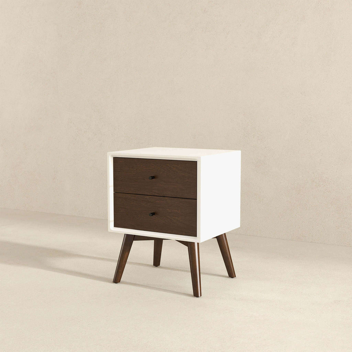 Caroline Mid Century Modern Style White Night Stand 2-Drawer by Ashcroft Furniture at Eve Furniture