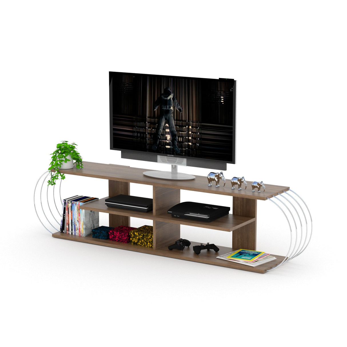 Case Tv Stand Walnut-Chrome by Furnia at Eve Furniture