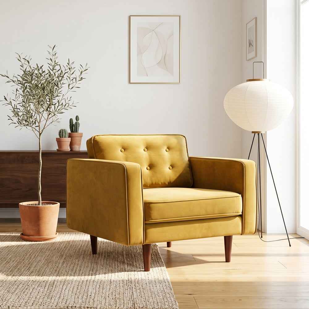 Casey Mid-Century Modern Pillow Back Velvet Upholstered Armchair in Gold by Ashcroft Furniture at Eve Furniture