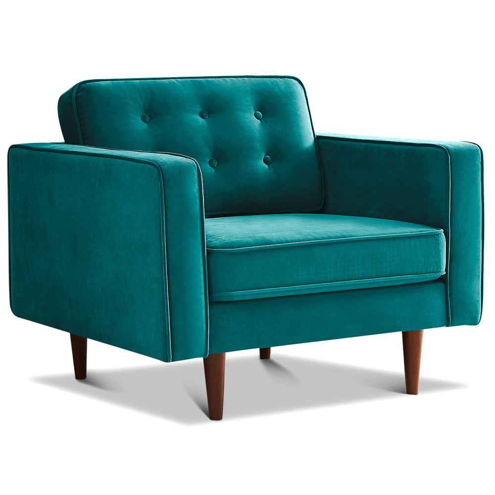Casey Mid-Century Modern Pillow Back Velvet Upholstered Armchair in Teal by Ashcroft Furniture at Eve Furniture