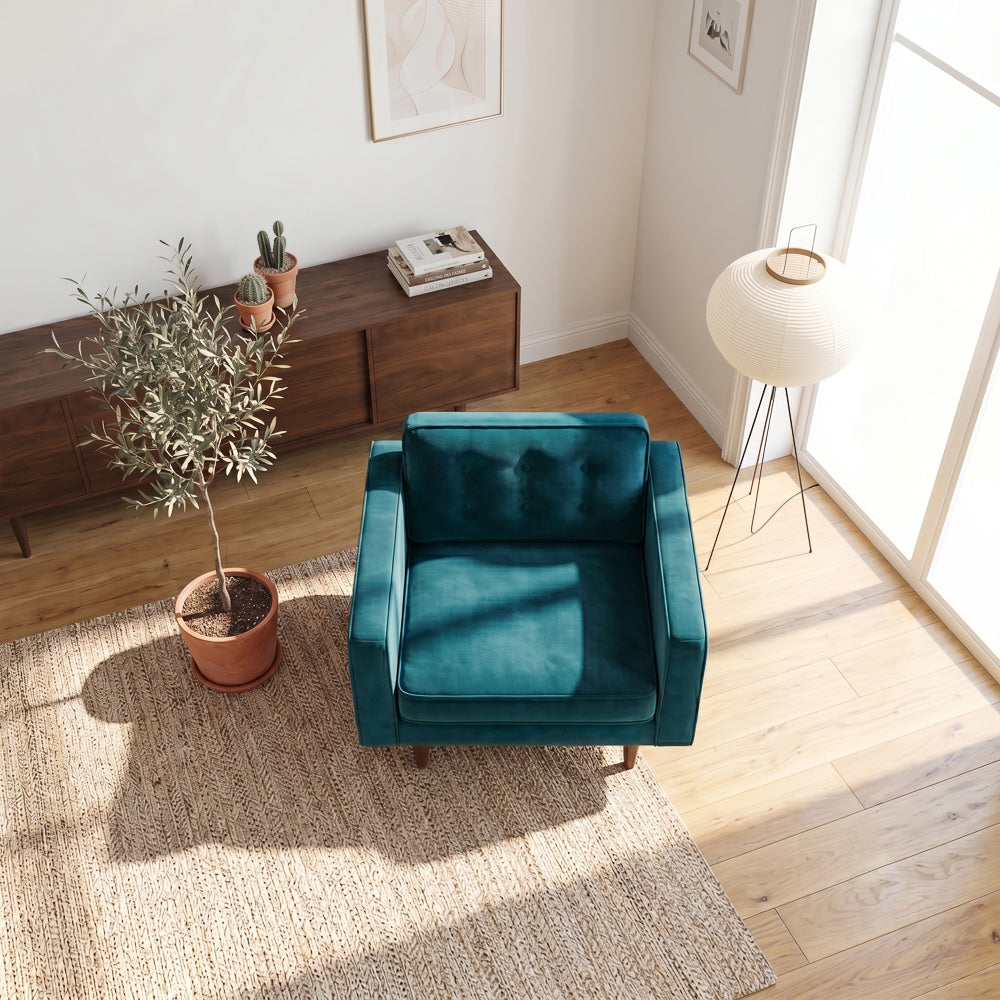 Casey Mid-Century Modern Pillow Back Velvet Upholstered Armchair in Teal by Ashcroft Imports at Eve Furniture