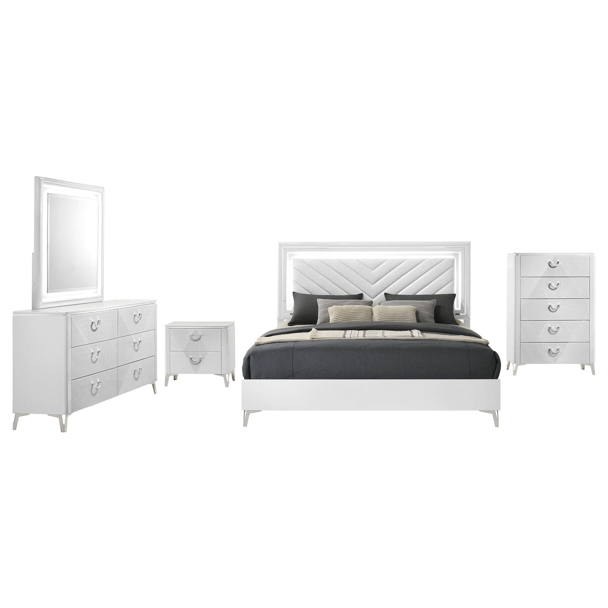 Cassia White High Gloss 5-piece Queen LED Bedroom Set by Coaster at Eve Furniture
