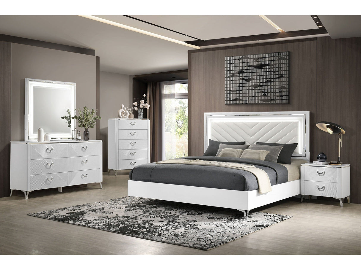 Cassia White High Gloss 5-piece Queen LED Bedroom Set by Coaster at Eve Furniture