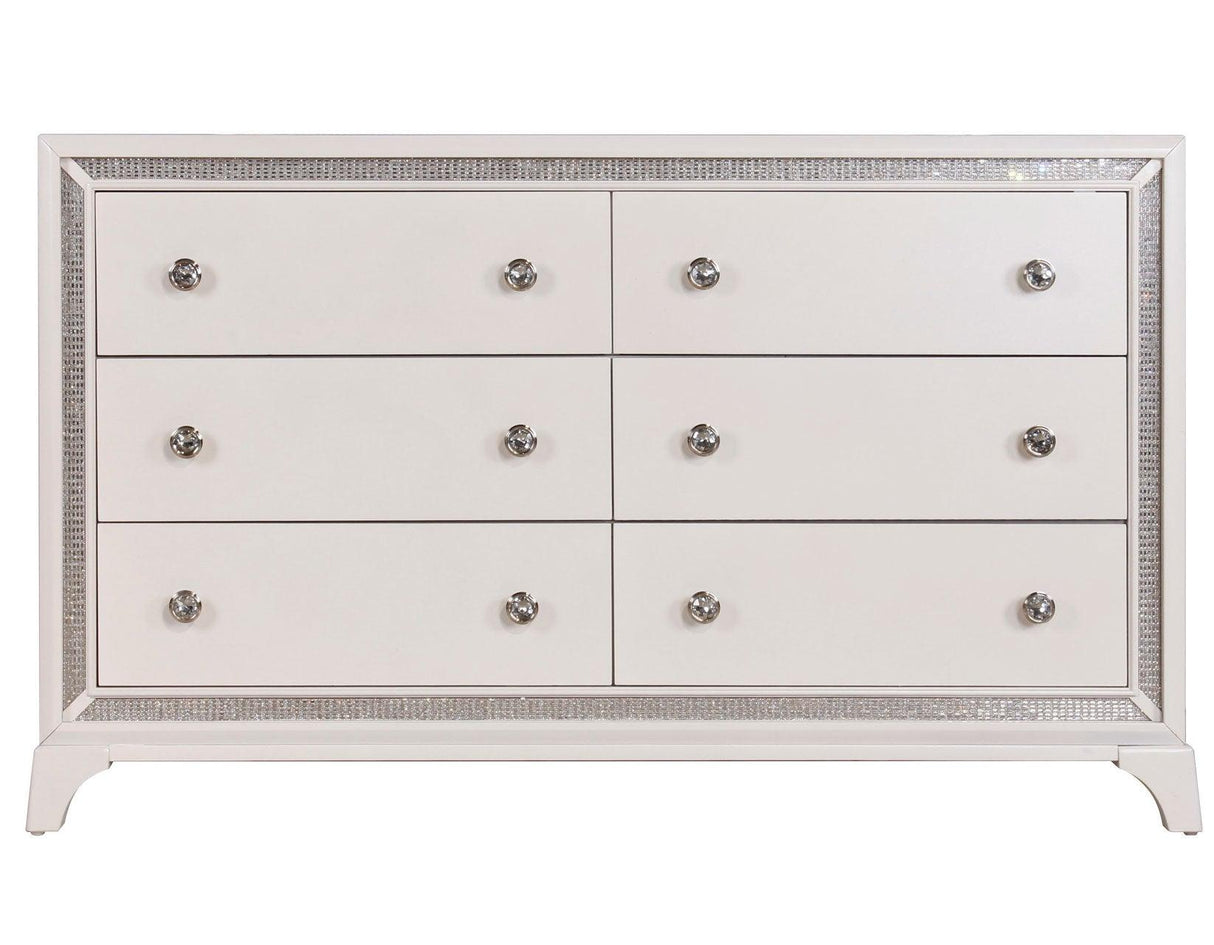 Cassie Illuminating Glam 58″ Dresser, Shimmering Pearl Finish by Steve Silver at Eve Furniture
