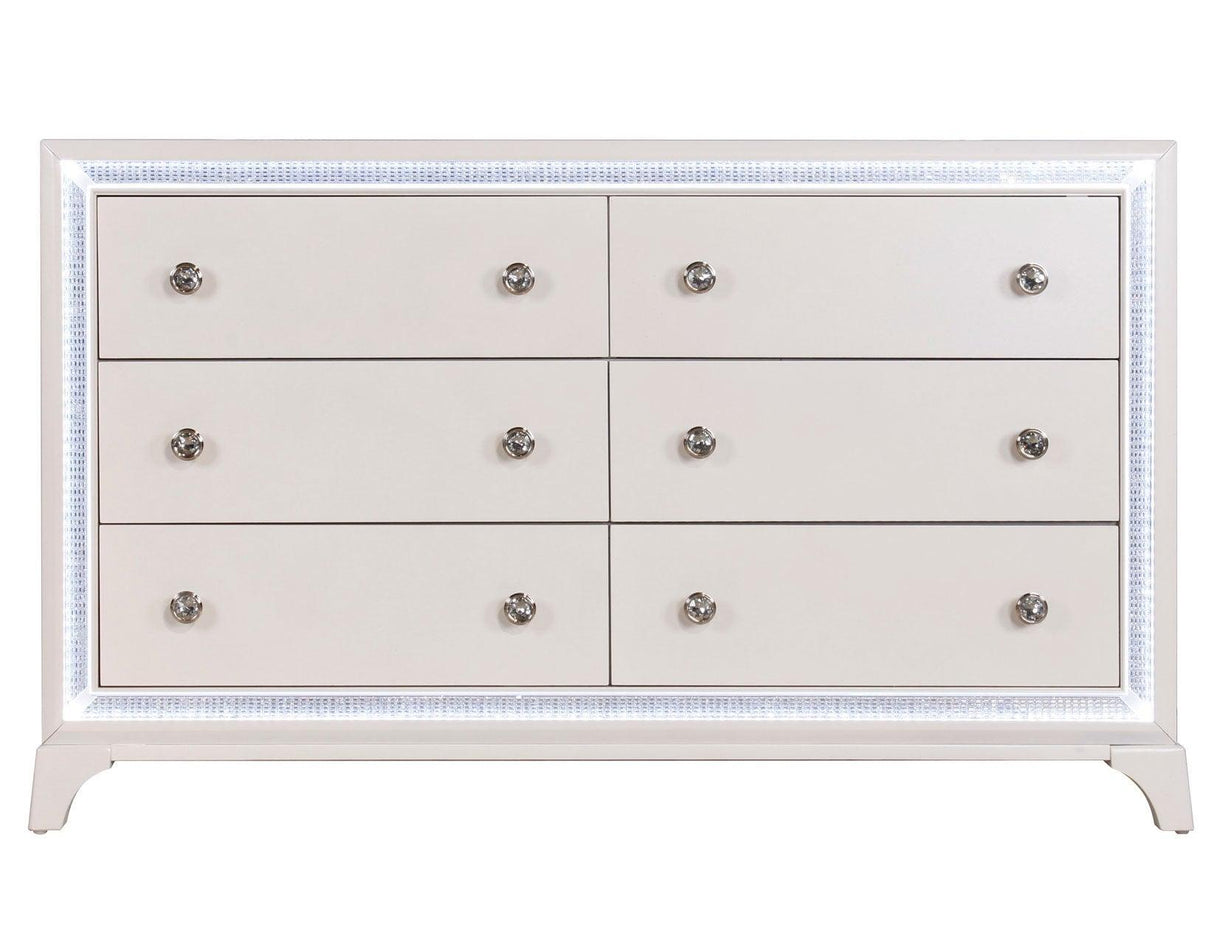 Cassie Illuminating Glam 58″ Dresser, Shimmering Pearl Finish by Steve Silver at Eve Furniture