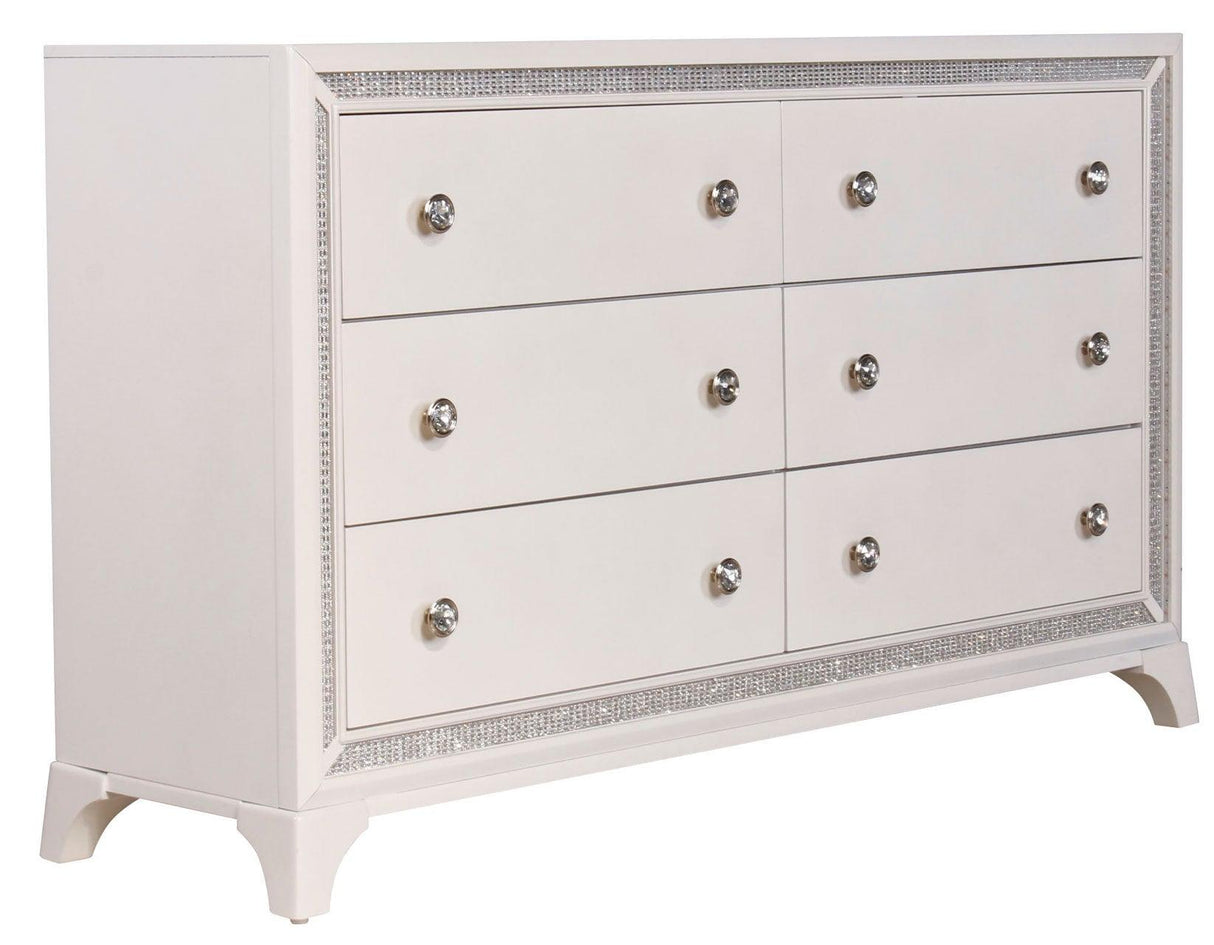 Cassie Illuminating Glam Dresser and Mirror, Shimmering Pearl Finish by Steve Silver at Eve Furniture
