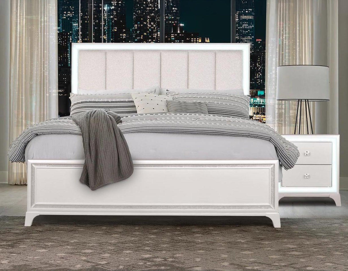 Cassie Illuminating Queen Bed, Shimmering Pearl Finish by Steve Silver at Eve Furniture