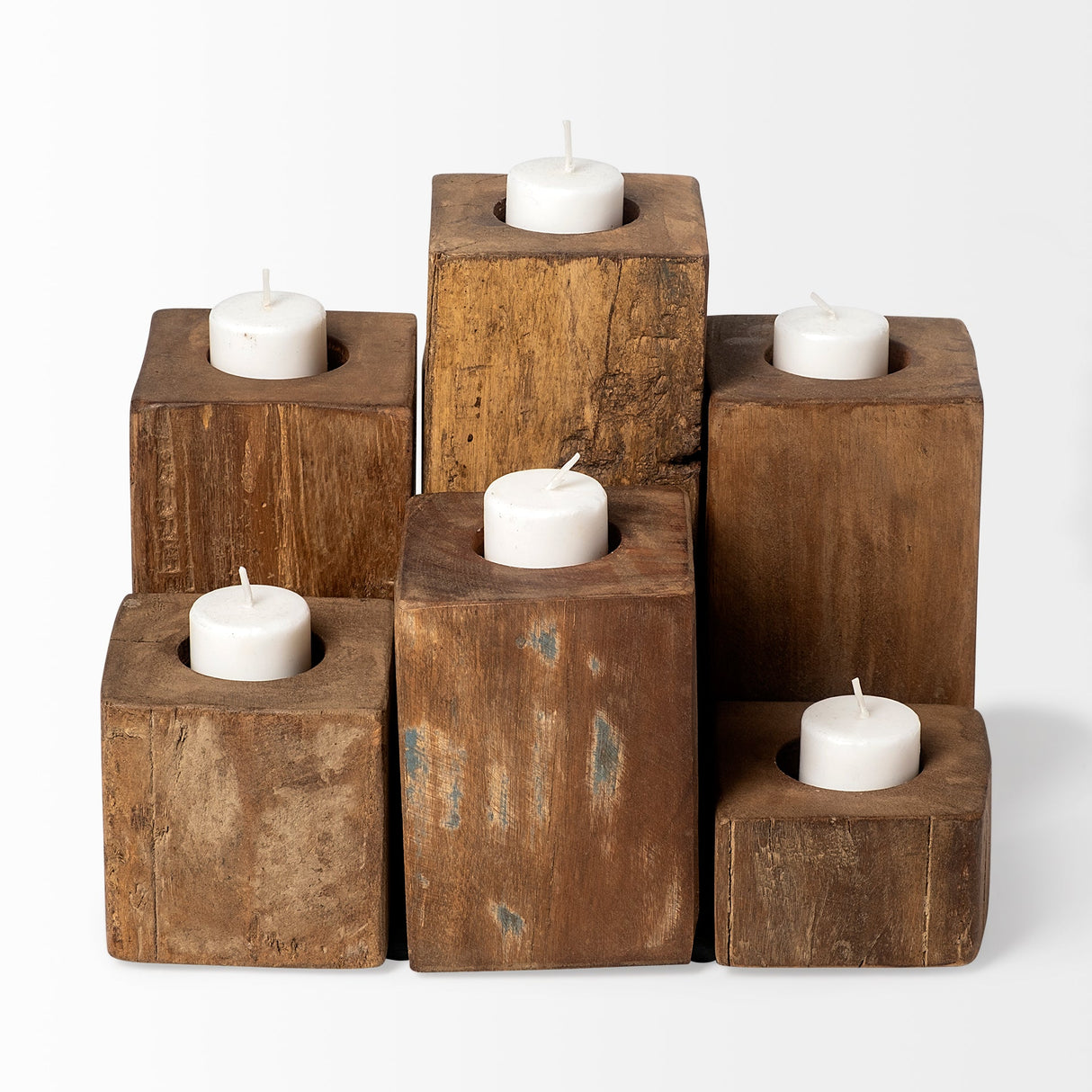 Cassius Light Brown Nine Wood Block Table Candle Holder by Mercana at Eve Furniture