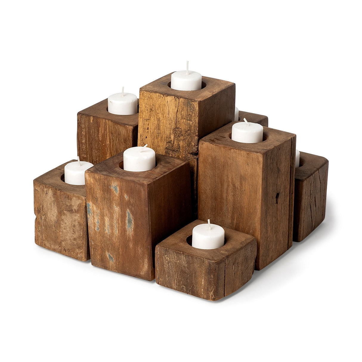 Cassius Light Brown Nine Wood Block Table Candle Holder by Mercana at Eve Furniture