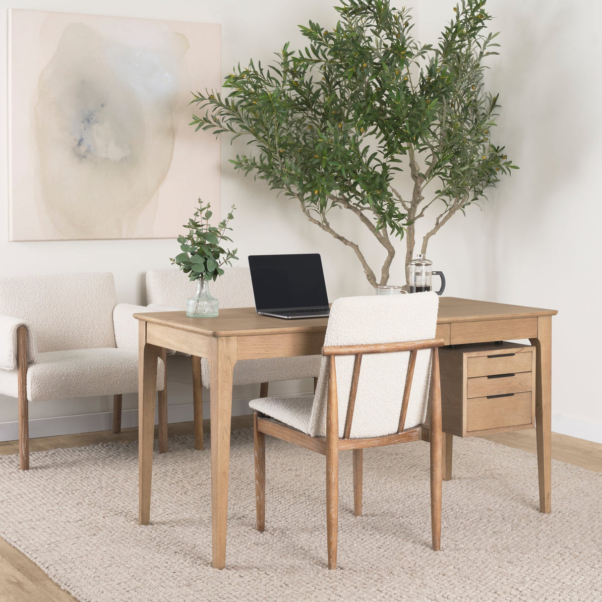 Cavett Cream Boucle Upholstered Seat W/Light Brown Wood Frame Dining Chair, Set of 2 by Mercana at Eve Furniture