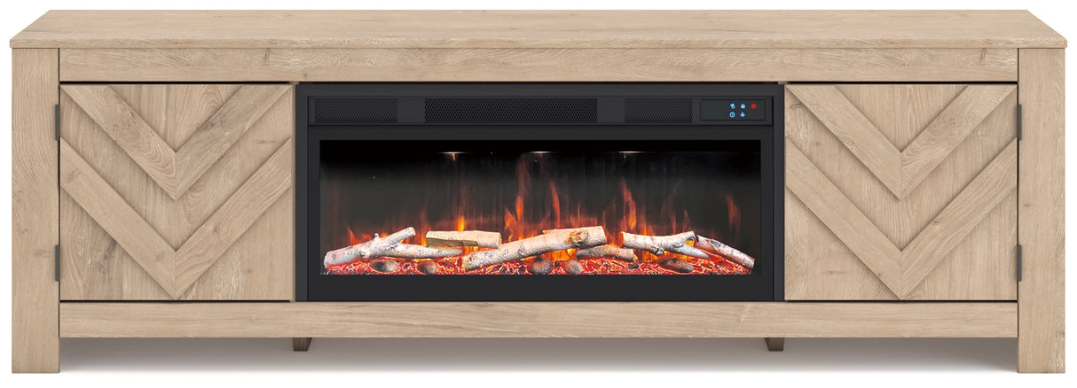 Cayboni Tan 71" TV Stand with Electric Fireplace by Ashley at Eve Furniture