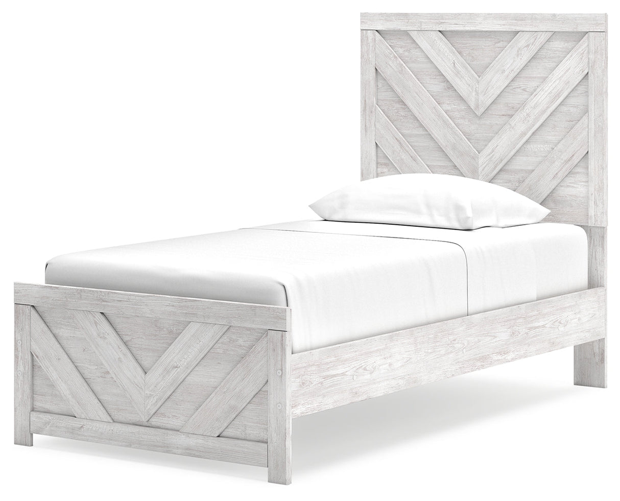 Cayboni Twin Panel Bed with Mirrored Dresser and 2 Nightstands in Whitewash by Ashley at Eve Furniture