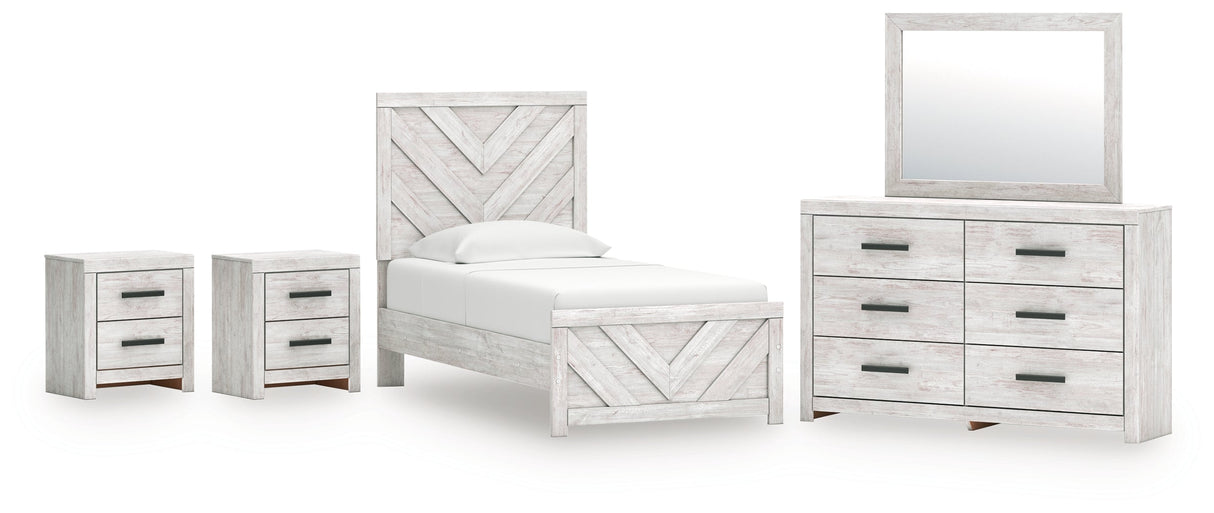 Cayboni Twin Panel Bed with Mirrored Dresser and 2 Nightstands in Whitewash by Ashley at Eve Furniture