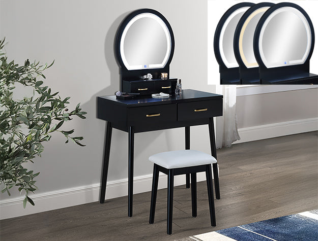 Cecilia Black LED Vanity Table & Stool by Crown Mark at Eve Furniture