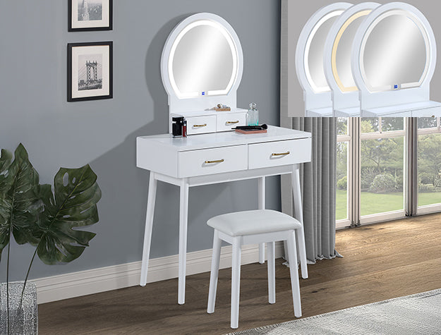 Cecilia White LED Vanity Table & Stool by Crown Mark at Eve Furniture