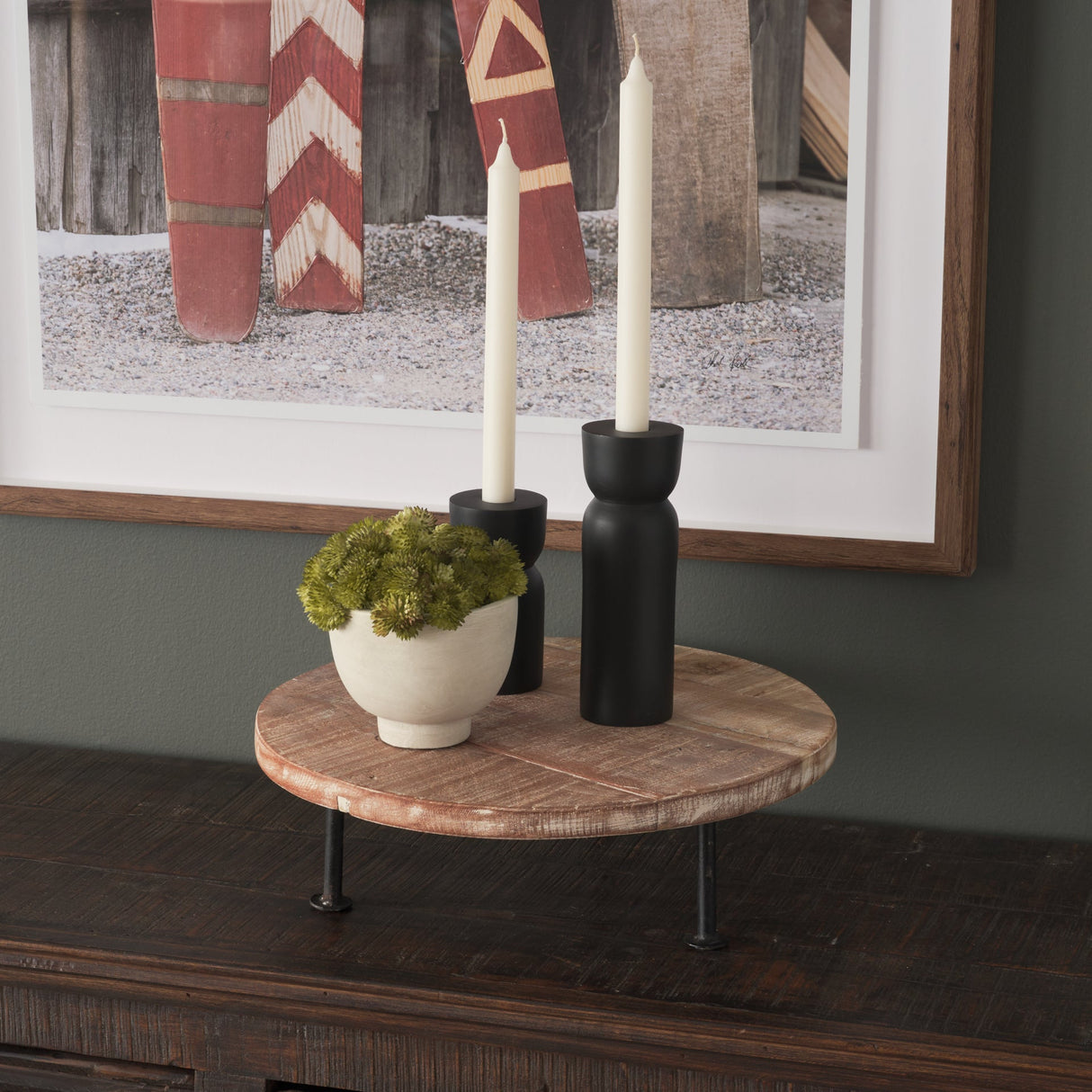 Cedric 15L x 15W x 6H Round Light Brown Wood w/ Black Metal Legs Decorative Display Stand by Mercana at Eve Furniture