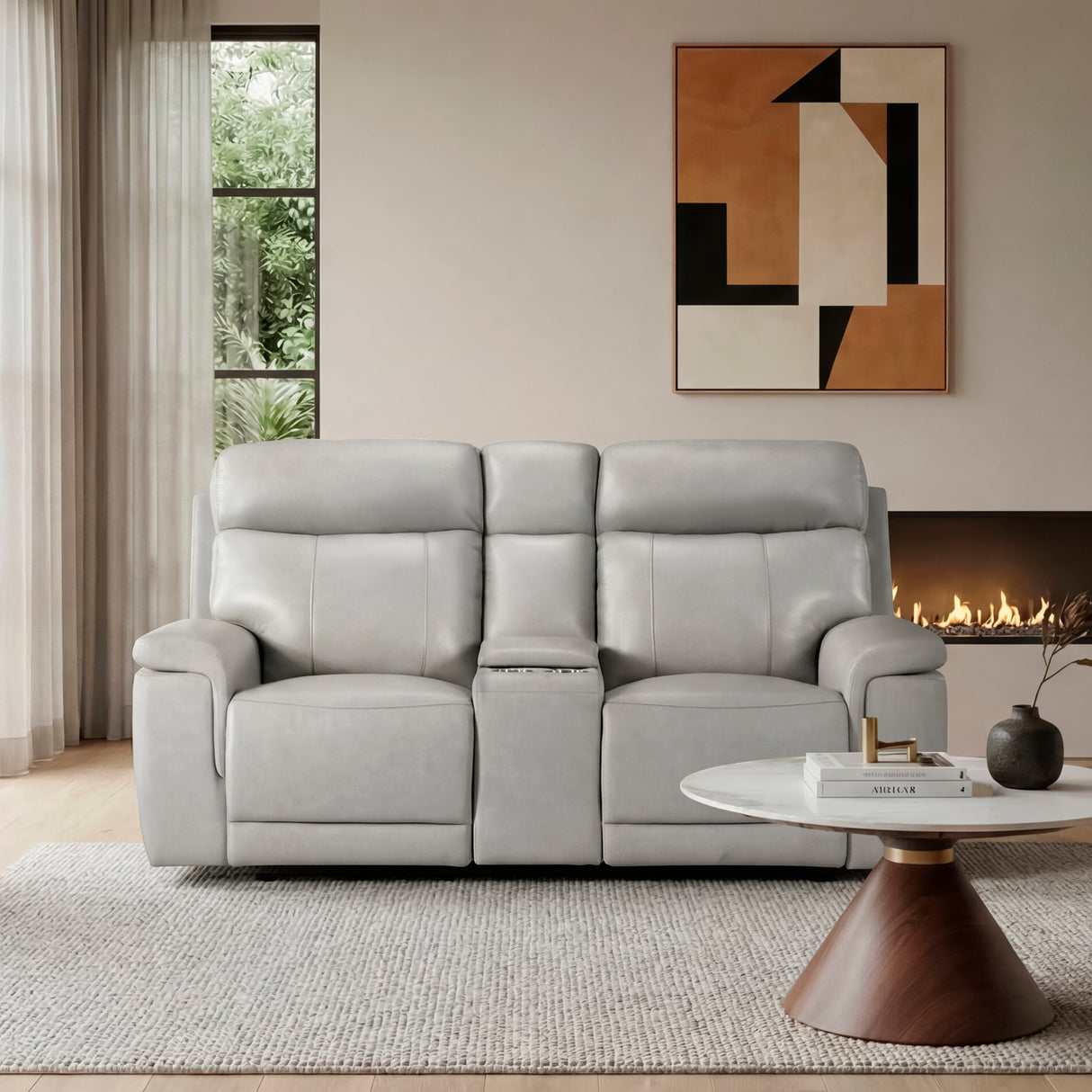 Celestia Light Gray Power Double Reclining Loveseat with Power Headrest and Center Console