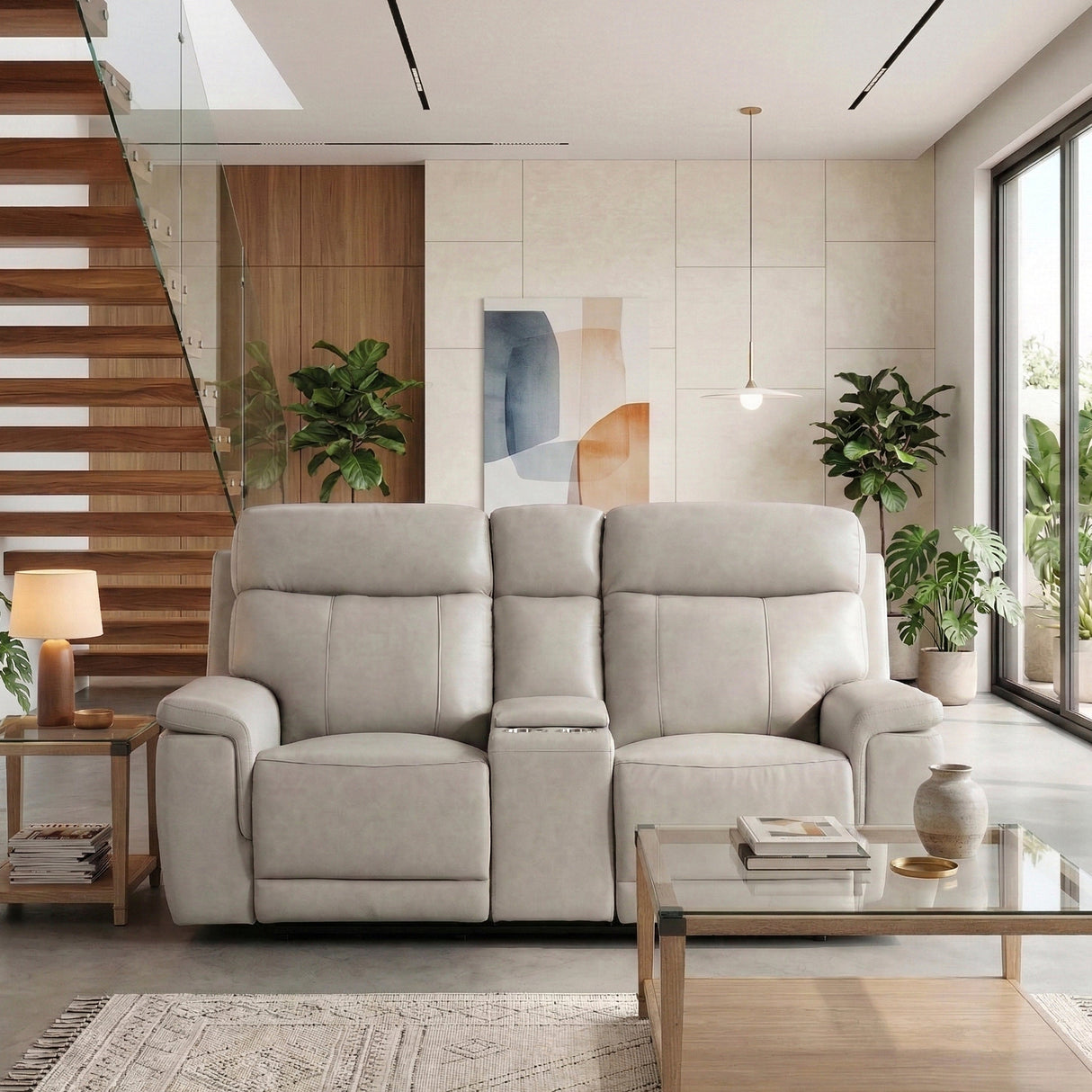 Celestia Light Gray Power Double Reclining Loveseat with Power Headrest and Center Console