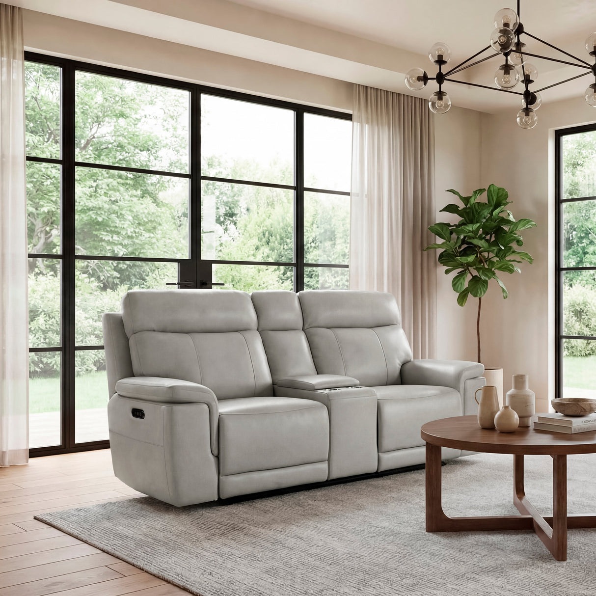 Celestia Light Gray Power Double Reclining Loveseat with Power Headrest and Center Console