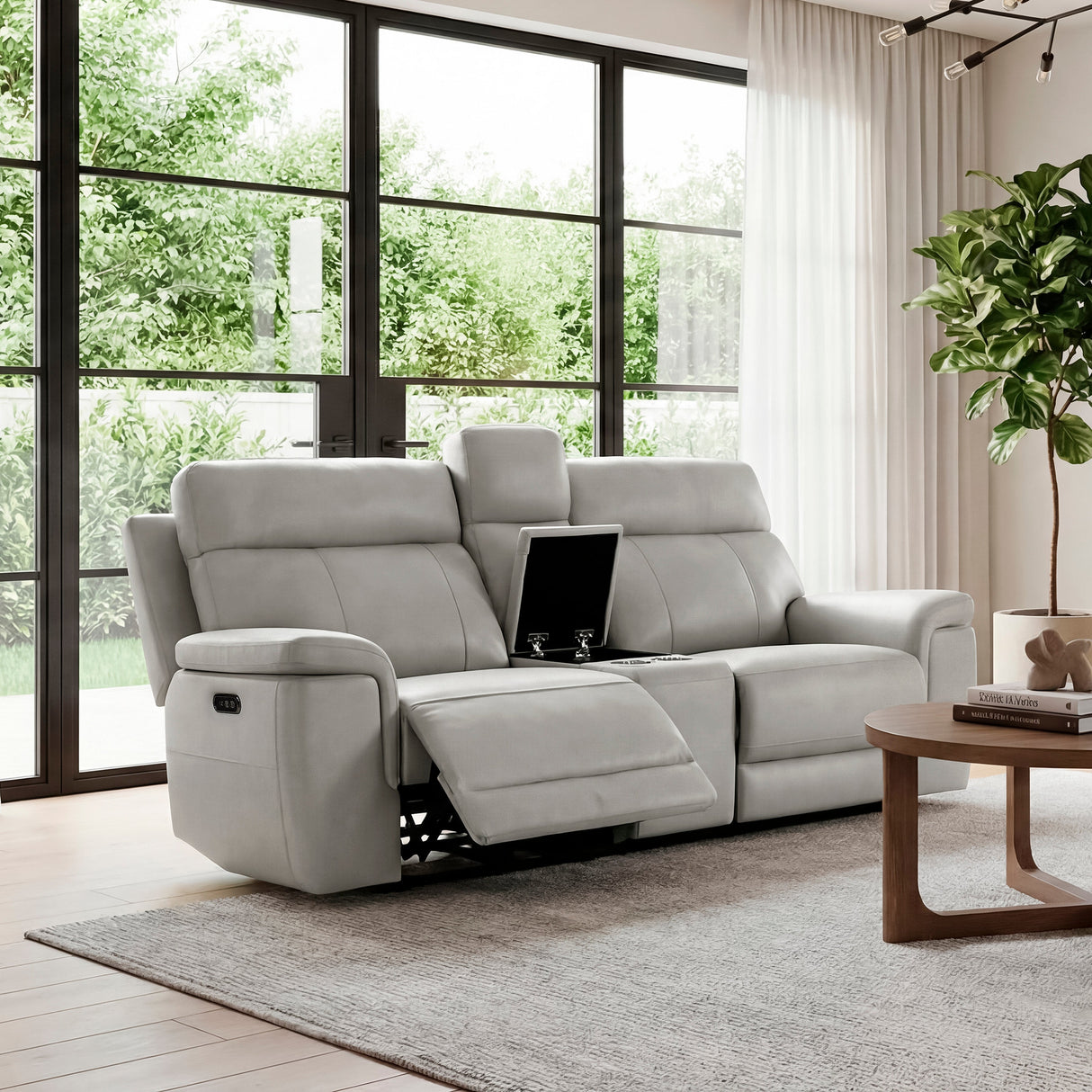 Celestia Light Gray Power Double Reclining Loveseat with Power Headrest and Center Console