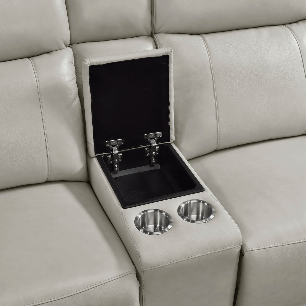 Celestia Light Gray Power Double Reclining Loveseat with Power Headrest and Center Console