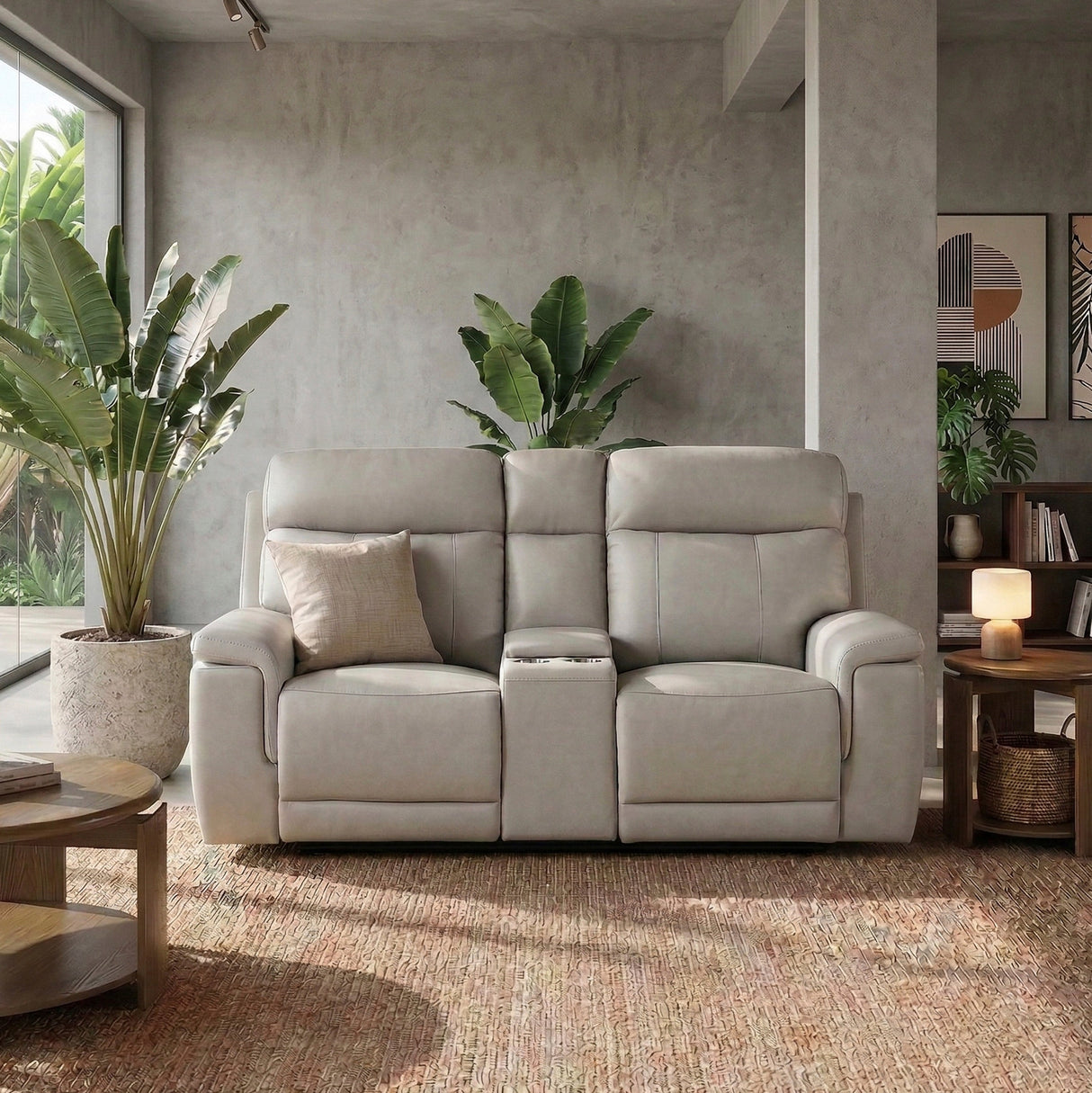 Celestia Light Gray Power Double Reclining Loveseat with Power Headrest and Center Console