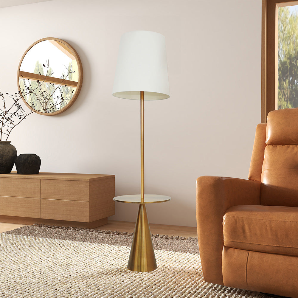 Celestial Modern Floor Lamp with Brass Accent Table with Large White Shade by Ashcroft Furniture at Eve Furniture