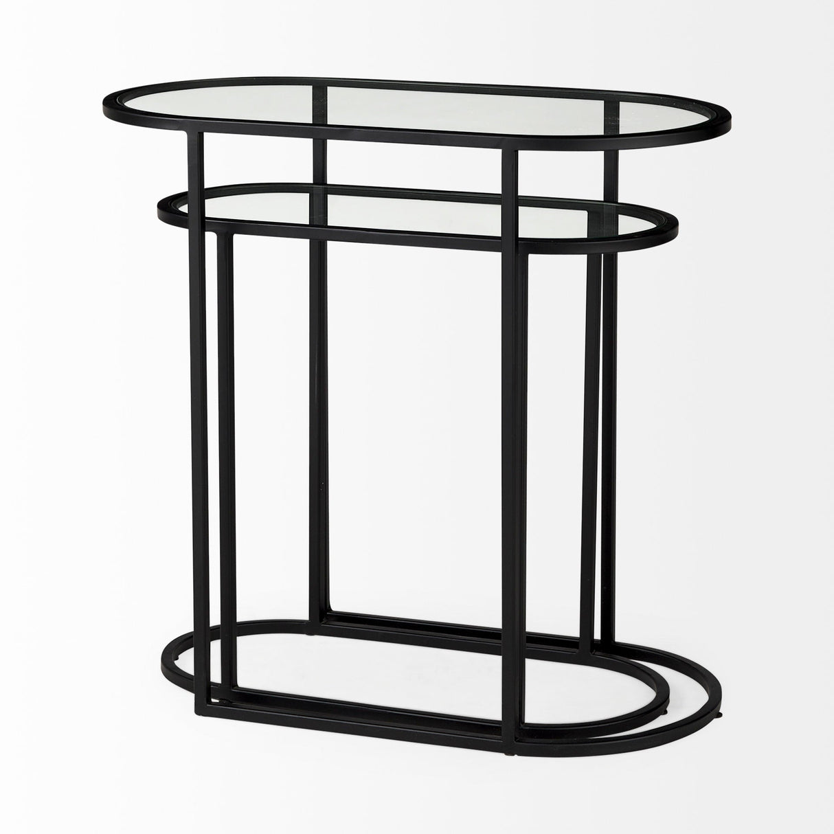 Celine 24.2 L x 12.6 W x 22.4 H Set of Two Black/Silver Metal and Glass Nesting Accent Tables by Mercana at Eve Furniture