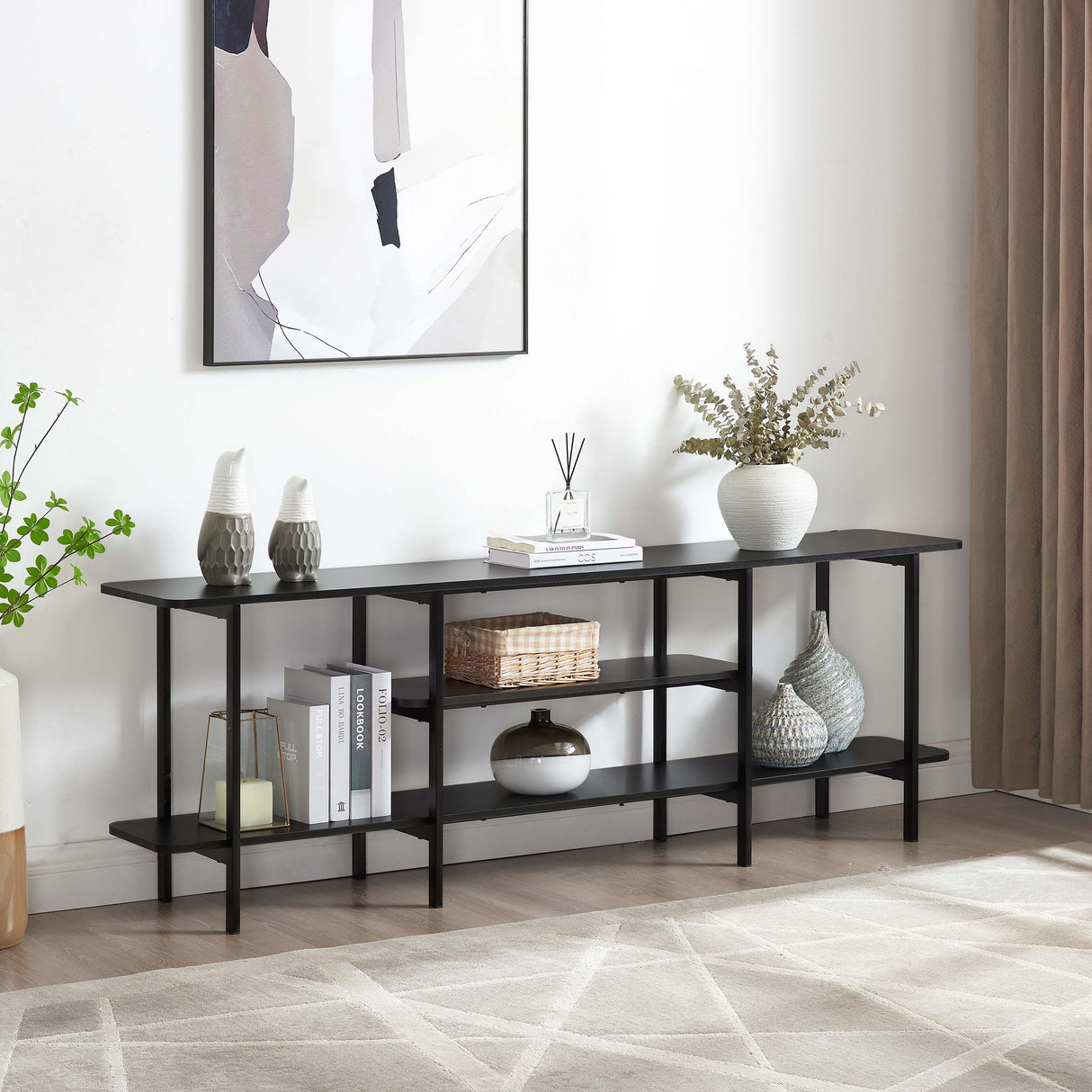 Celine Side 3 Tier Shelf Table Console in Black by Manhattan Comfort at Eve Furniture