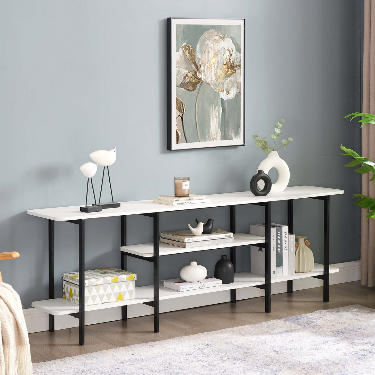 Celine Side 3 Tier Shelf Table Console in White by Manhattan Comfort at Eve Furniture