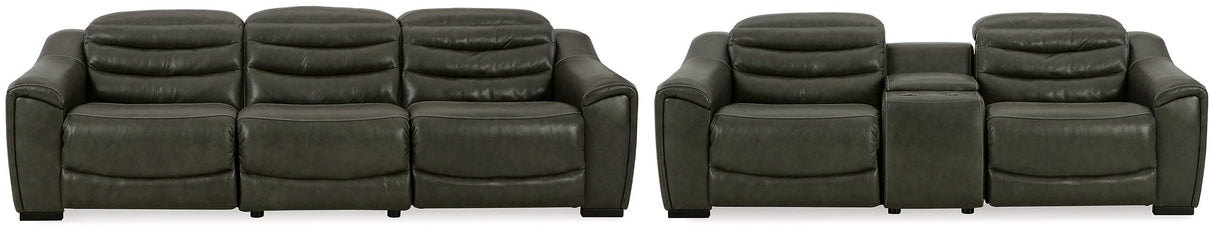 Center Line Dark Gray Dual Power Leather Sofa and Loveseat by Ashley at Eve Furniture