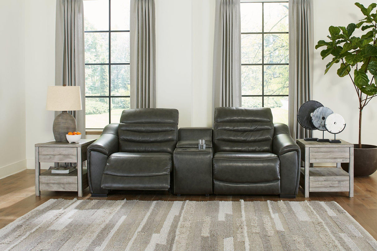Center Line Dark Gray Dual Power Leather Sofa and Loveseat by Ashley at Eve Furniture