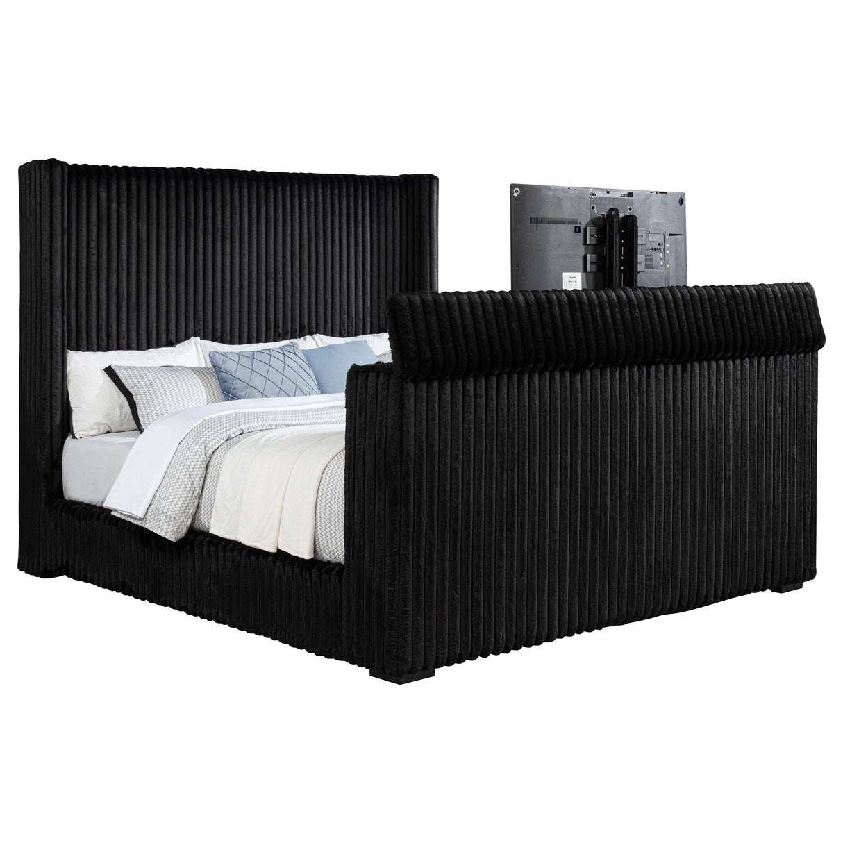Centergrove Black Upholstered Eastern King Wingback TV Bed by Coaster at Eve Furniture
