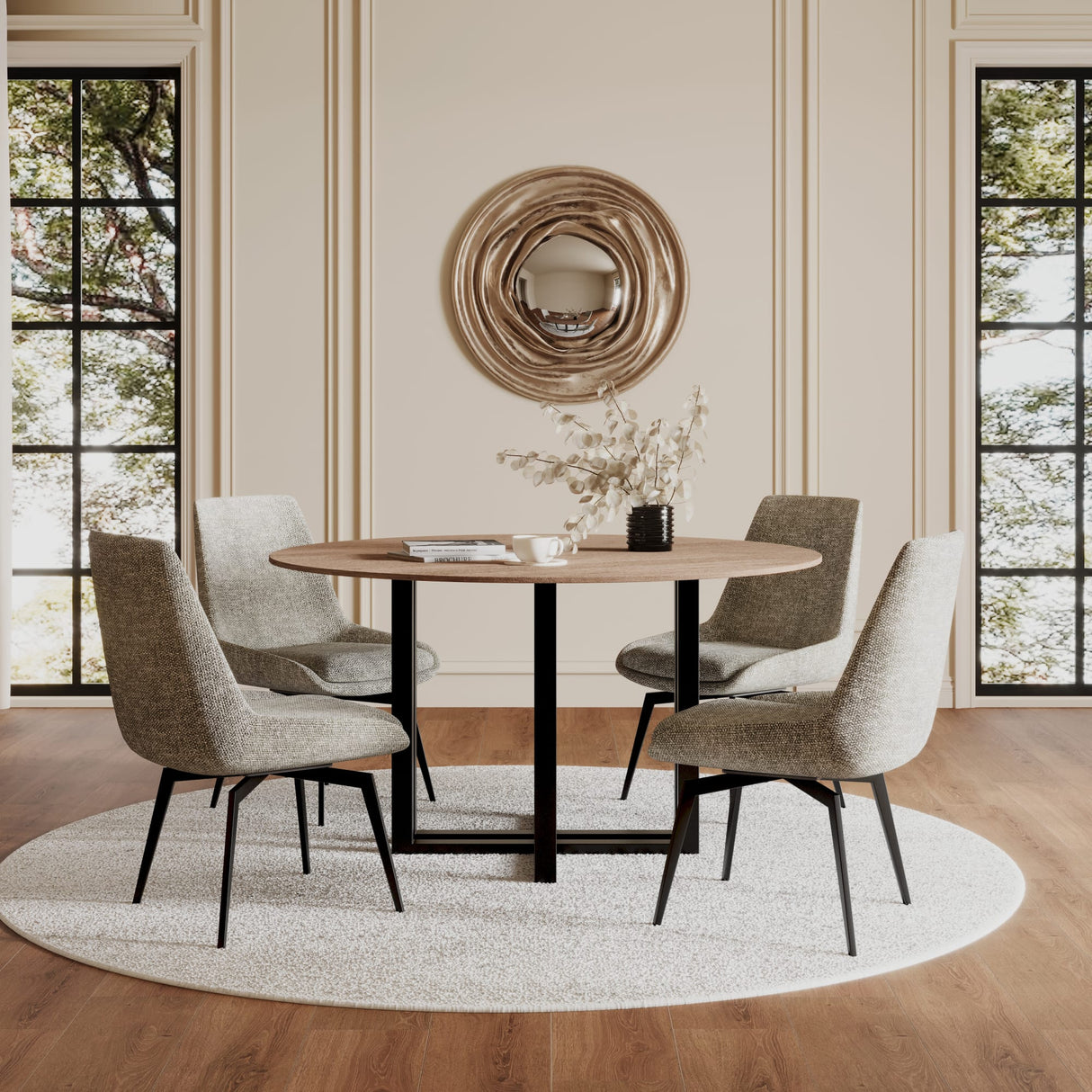 CEO Gunmetal/Washed Oak Wood Pattern Round Sintered Stone Dining Table by Modus Furniture at Eve Furniture