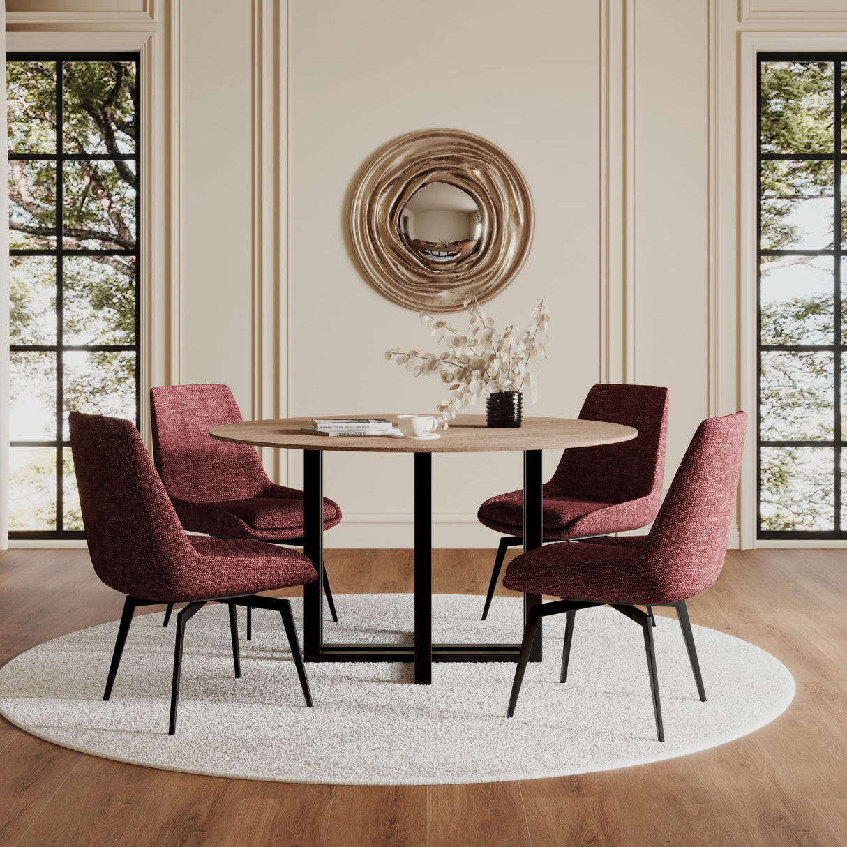 CEO Gunmetal/Washed Oak Wood Pattern Round Sintered Stone Dining Table by Modus Furniture at Eve Furniture