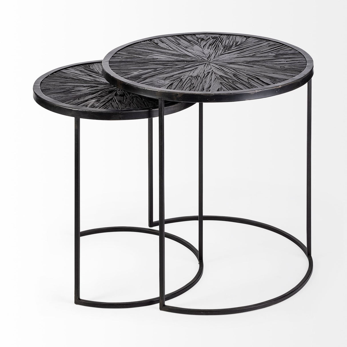 Chakra 19.7" Set of Two Round Dark Wood Top Black Frame Accent Tables by Mercana at Eve Furniture