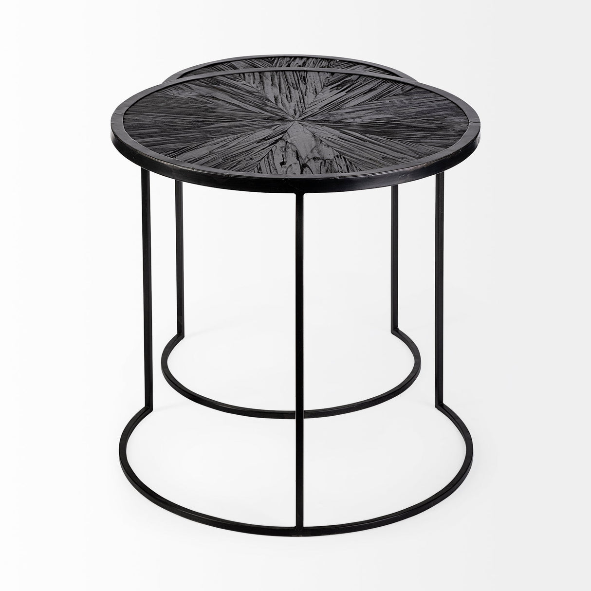 Chakra Set of Two Round Dark Wood Top Black Frame Accent Tables by Mercana at Eve Furniture