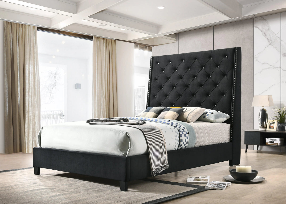 Chantilly Black Velvet Queen Upholstered Bed by Crown Mark at Eve Furniture
