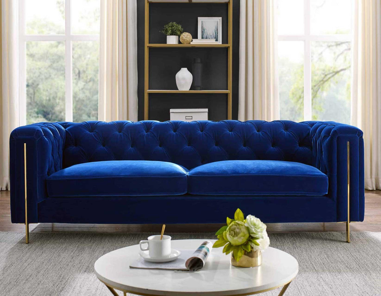 Charlene Blue Velvet Button Tufted Rolled Arm Chesterfield Sofa by Steve Silver at Eve Furniture