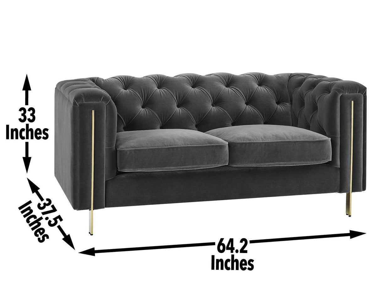 Charlene Gray Velvet Button Tufted Rolled Arm Chesterfield Loveseat by Steve Silver at Eve Furniture