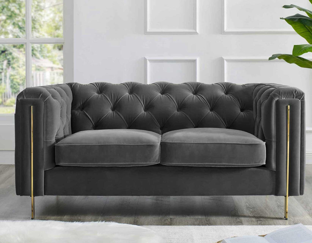 Charlene Gray Velvet Button Tufted Rolled Arm Chesterfield Loveseat by Steve Silver at Eve Furniture