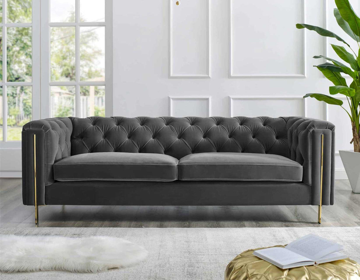 Charlene Gray Velvet Button Tufted Rolled Arm Chesterfield Sofa by Steve Silver at Eve Furniture