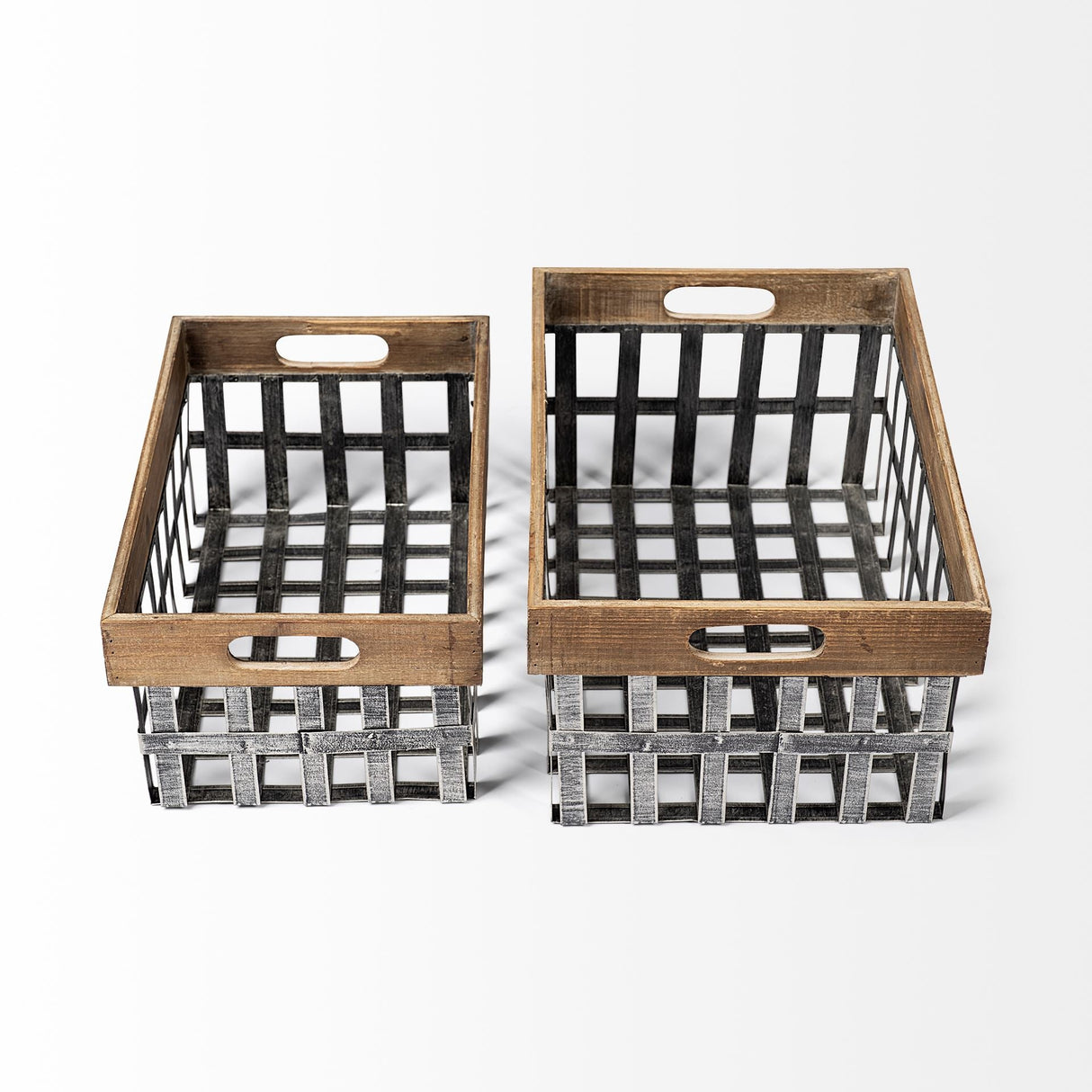 Chartrand Set of 2 Wood And Metal Open Crate Style Baskets by Mercana at Eve Furniture