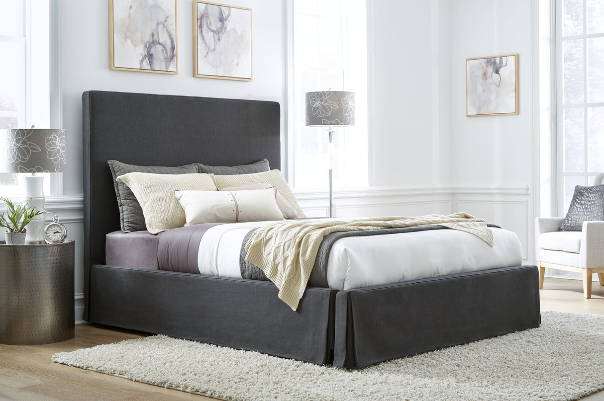 Cheviot California King Upholstered Skirted Storage Panel Bed in Iron by Modus Furniture at Eve Furniture