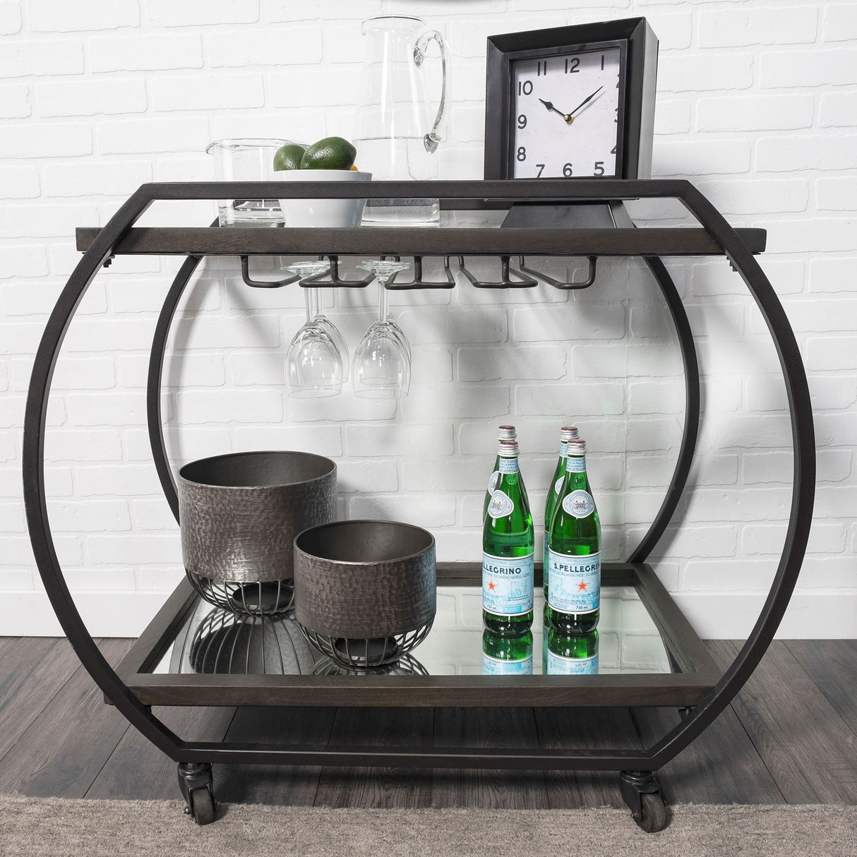 Chriselle Black Metal And Glass Two Tier Bar Cart by Mercana at Eve Furniture
