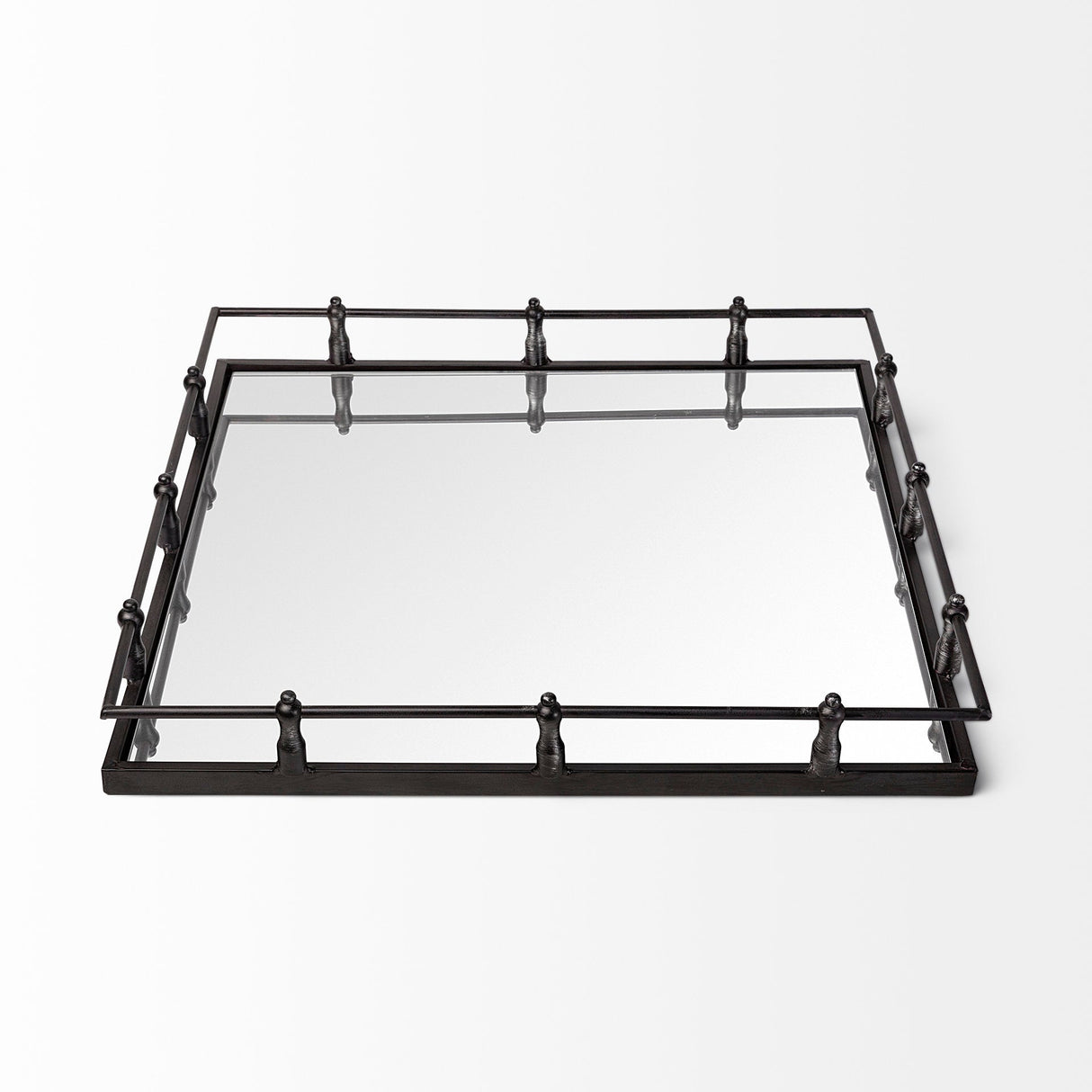 Christa 22L x 22W Black Metal Mirrored Base Square Tray by Mercana at Eve Furniture
